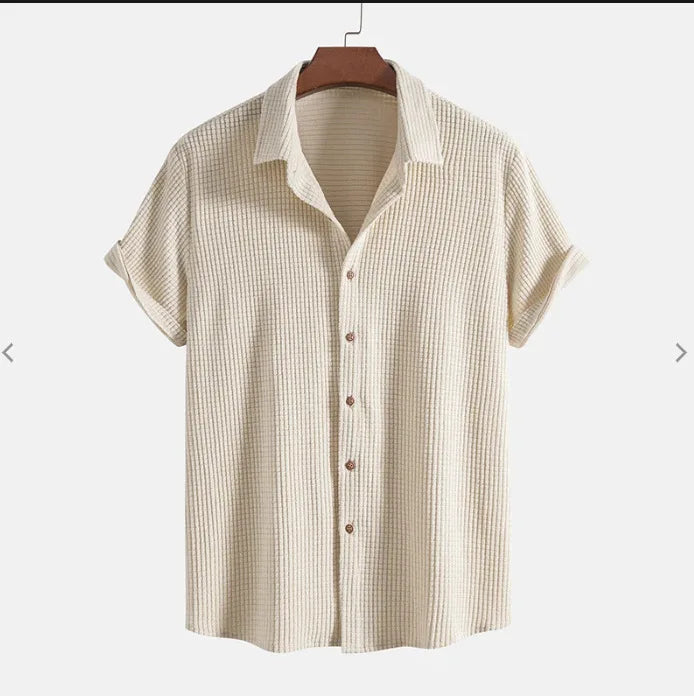 Lightweight Summer Men’s Casual Short Sleeve Solid Color Single-Breasted Loose Beach Shirt
