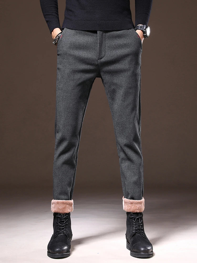Men's Winter Fleece-Lined Slim Fit Pants – Thick Warm Straight-Leg Casual Business Trousers (Sizes 28-38)