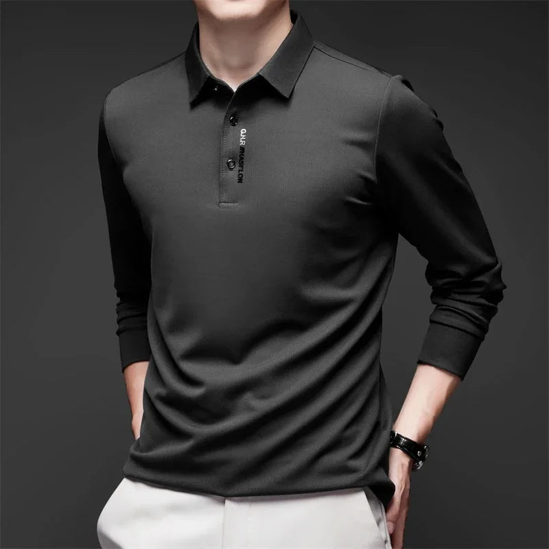 Men's Long Sleeve Polo Shirt – Solid Color, Business Casual, Stylish & Breathable Shirt with Badge Design