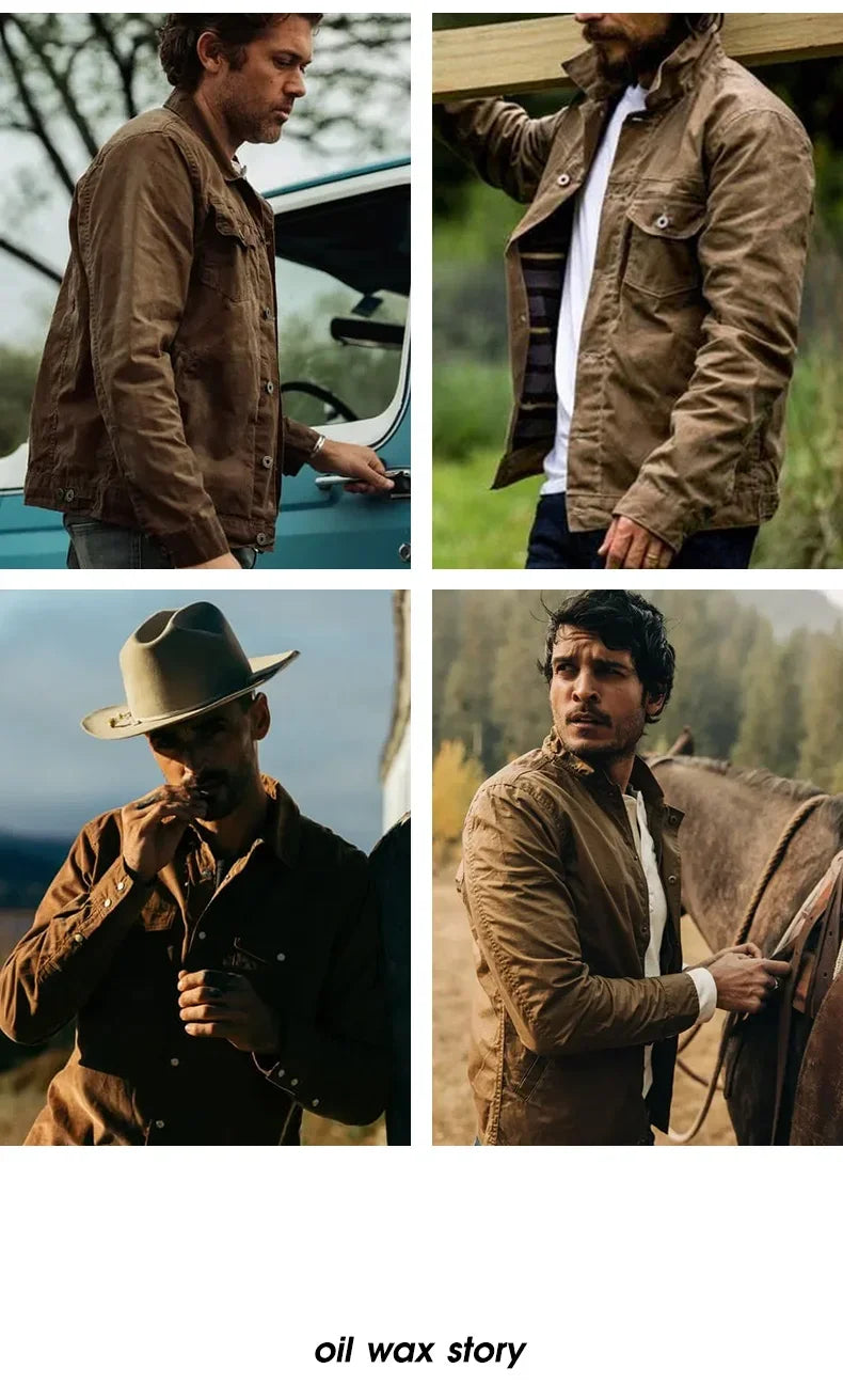 Maden Men's Retro Amekaji Style Oil-Waxed Canvas Jacket – Lightweight Military-Inspired Workwear Coat in Khaki Cotton for Casual and Safari Looks