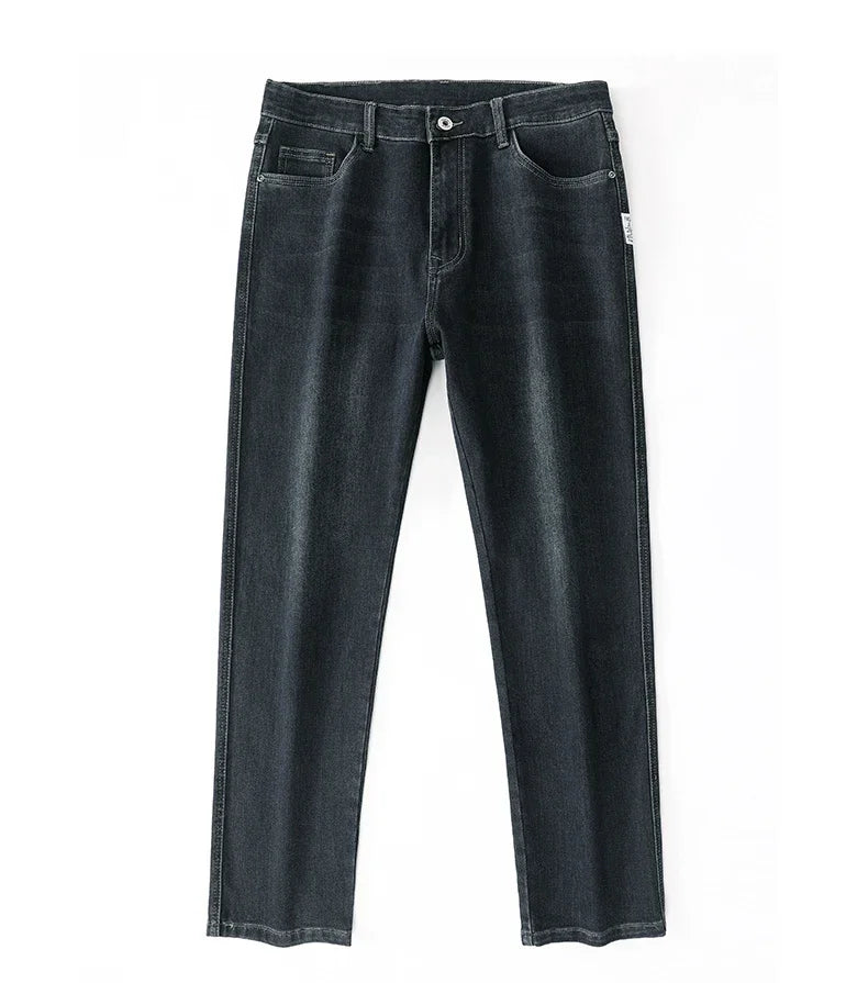 2025 Spring Men's High-Waist Spliced Washed Denim Jeans – Loose Straight Fit Stretch Cotton Blend Casual Brand Trousers 