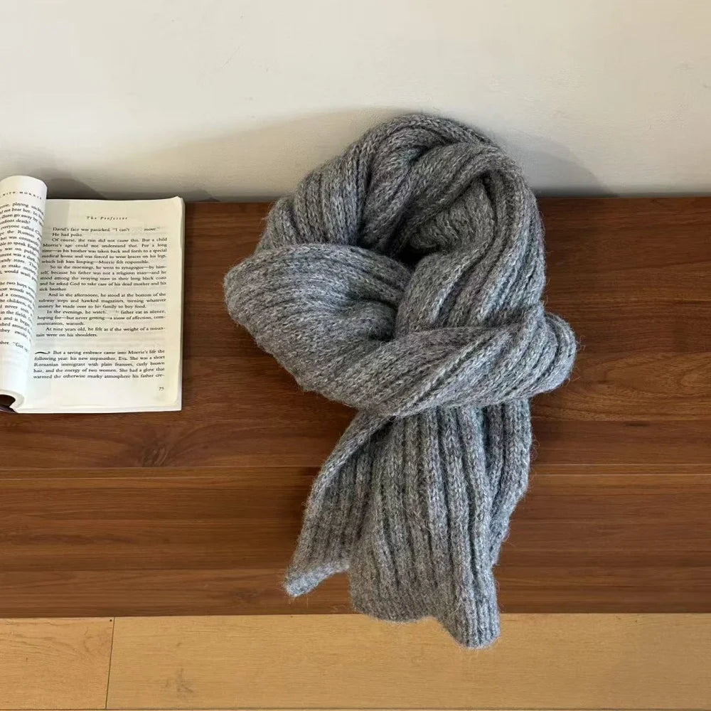 High-End Korean Style Thick Knit Scarf for Women – Warm Woolen Solid Color Winter & Autumn Wrap