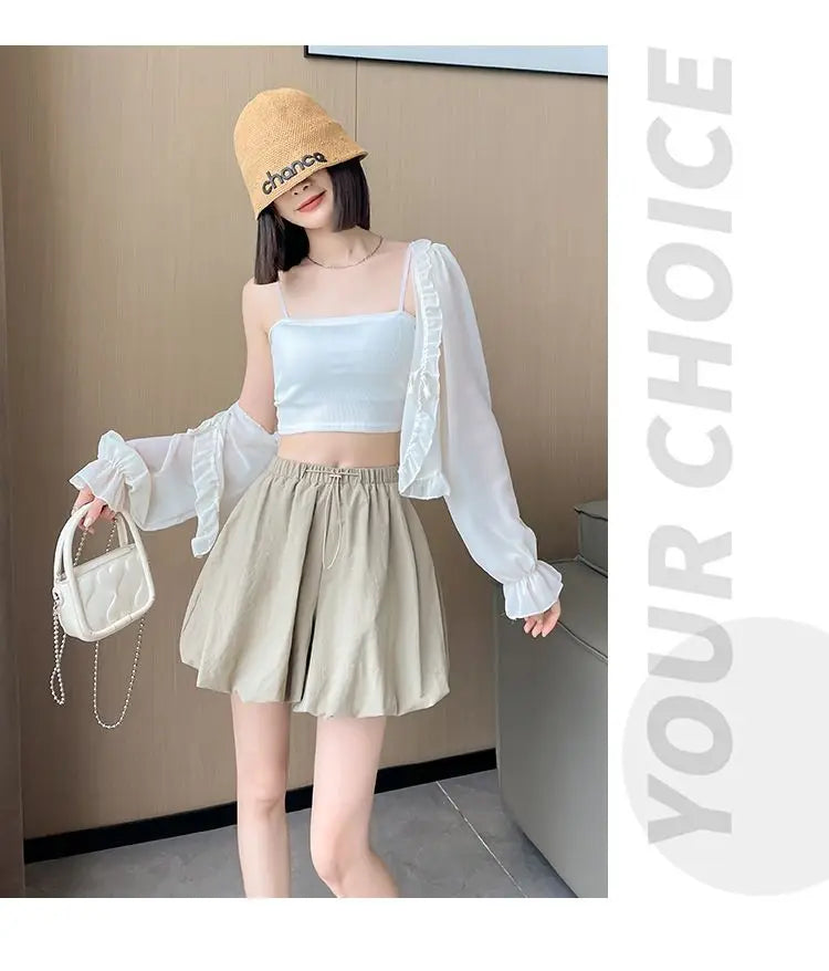 Women's High-Waist Lantern Shorts – Casual Summer Streetwear with Pockets, Relaxed Fit for Students, Youth, and Everyday Wear