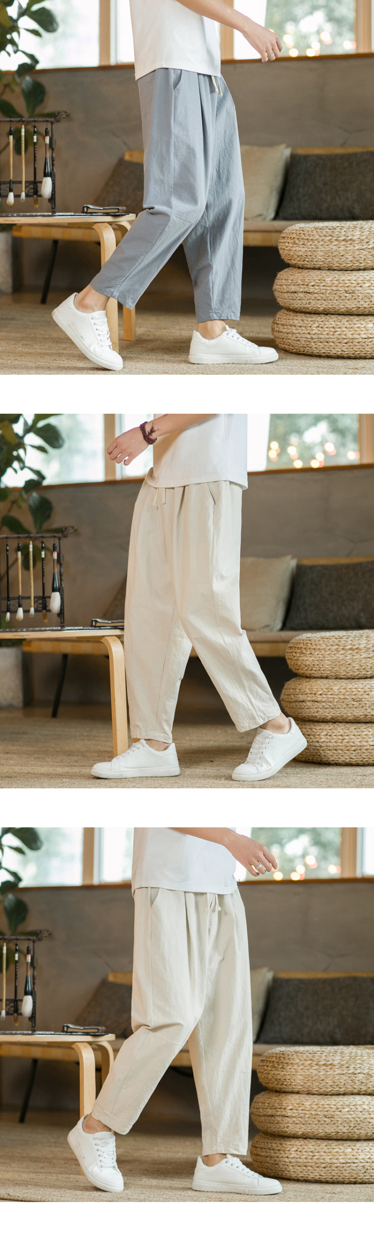 Men's Casual Cotton-Linen Pants – Breathable Loose-Fit Straight-Leg Drawstring Trousers in Solid Colors, Stylish Summer Streetwear