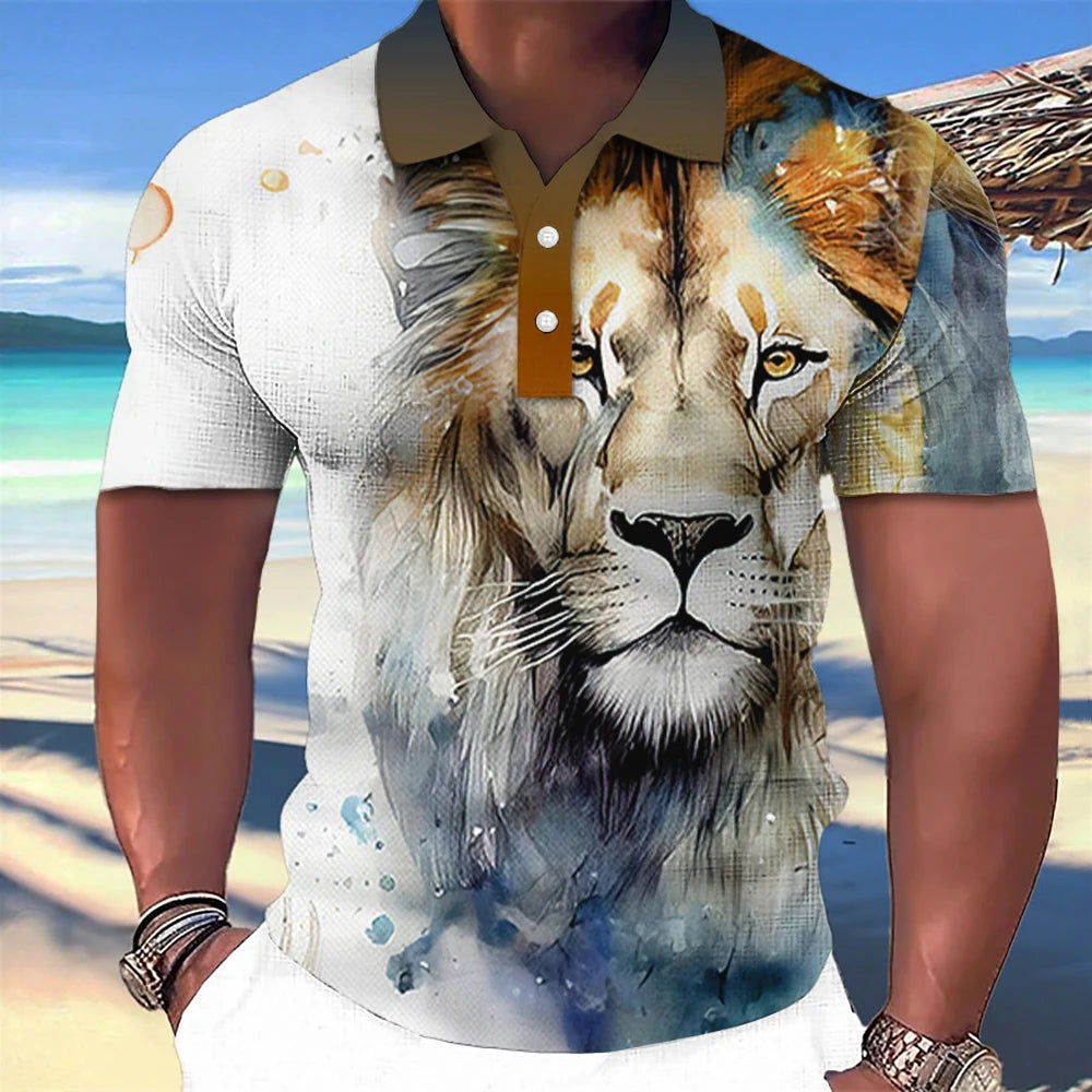 Men’s Polo Shirt with 3D Wolf & Eagle Print – High-Quality Summer Casual Loose Fit Short Sleeve Tee