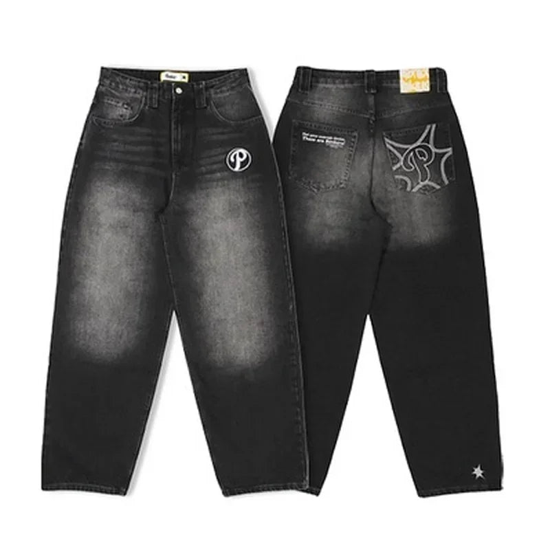 Streetwear PROTECT Embroidered Jeans for Men – Y2K Vintage Blue Baggy, High Waist, Wide Leg Harajuku Hip Hop Pants
