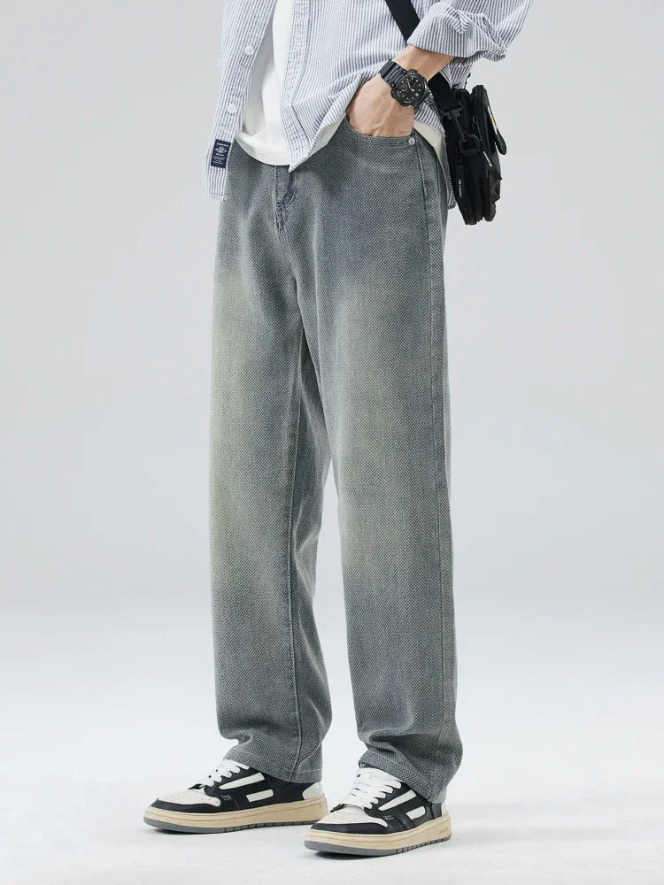 Vintage Men’s Baggy Jeans – Korean Style Starry Sky Fabric, Straight Fit Casual Denim Trousers, High Street Personalized Pants