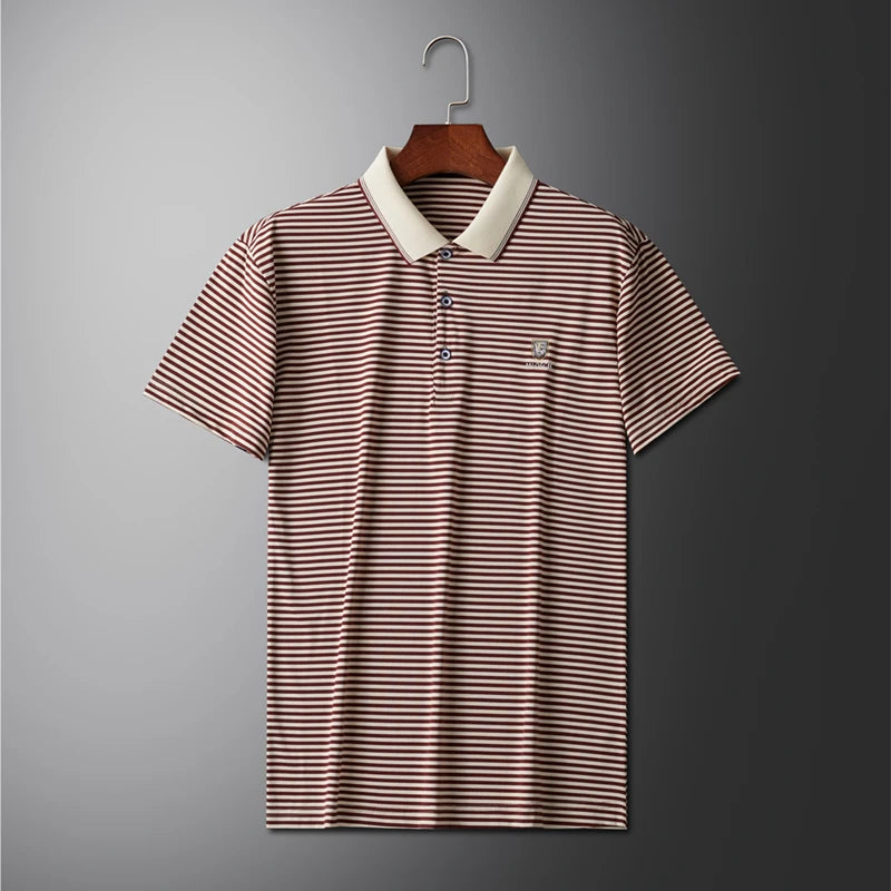 Premium Cotton Men's Summer Polo Shirt – 2024 Soft Short Sleeve Tee with Stripe Accents & Brand Badge Design