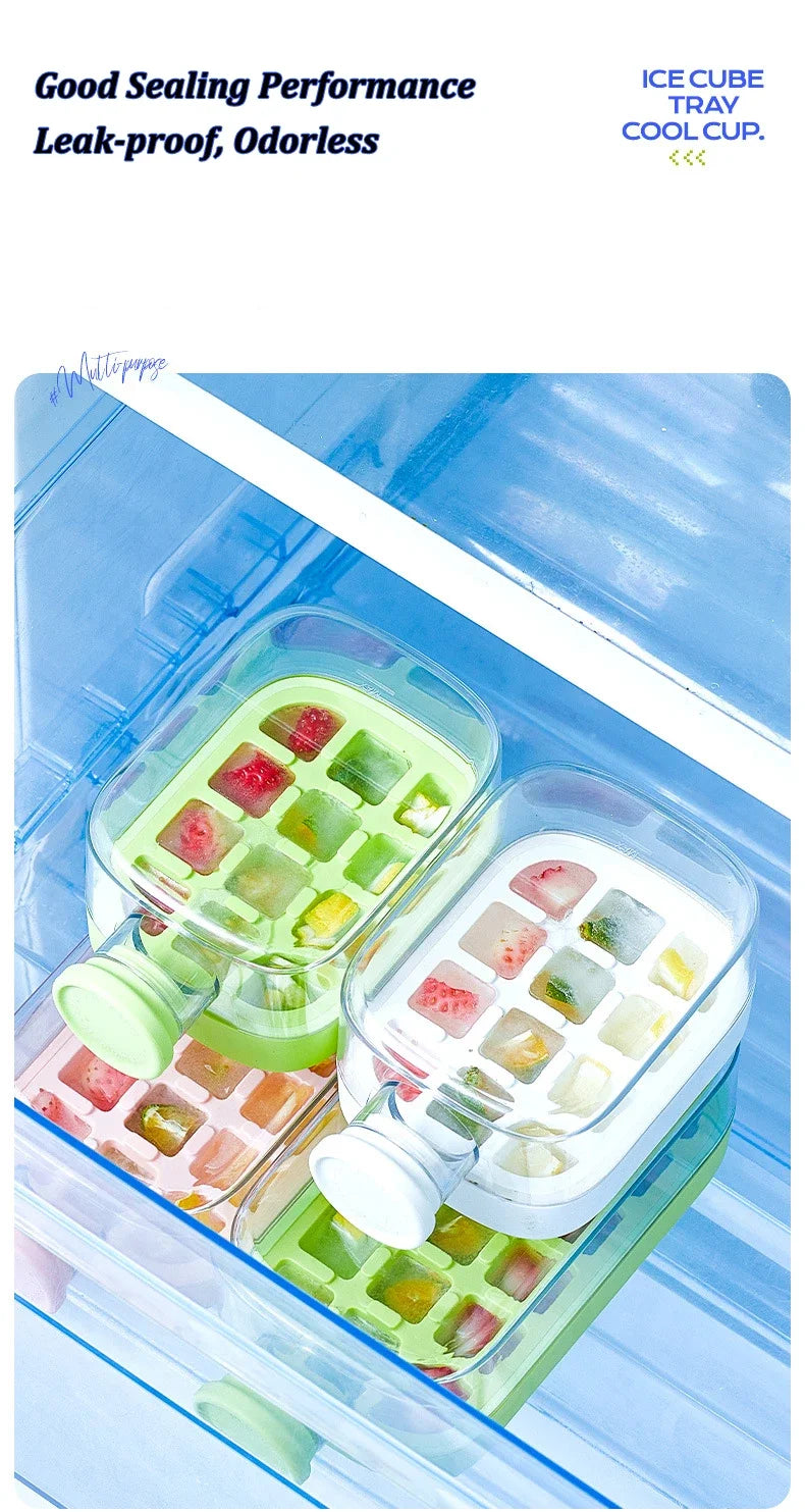 No-Spill Ice Cube Tray with Lid – Touch-Free Silicone Ice Mold for Freezer with Straw & Cable Tie