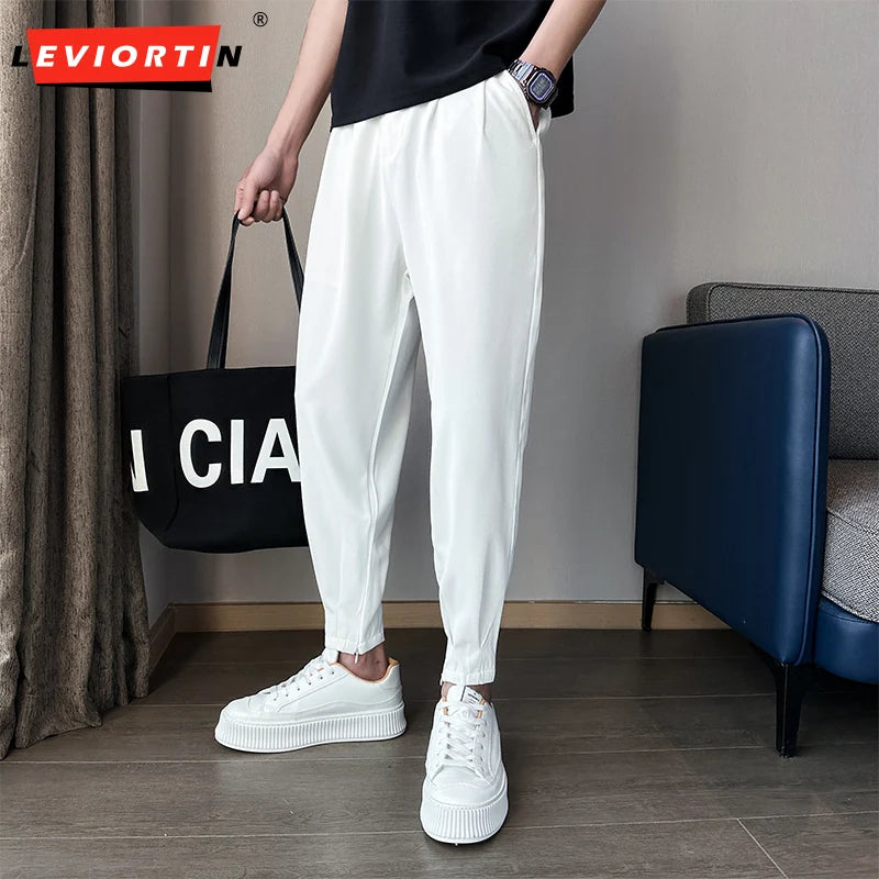 Men’s Spring & Summer Casual Solid Color Ice Silk Trousers — Korean Style Slim Ankle Pants with Zipper Detail, Smooth & Lightweight for a Handsome Look