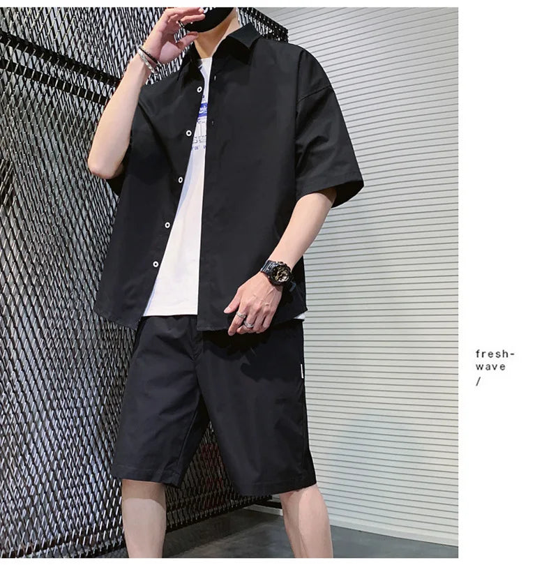 2025 Trendy Korean-Style Men's Summer Outfit – Casual Two-Piece Set Featuring Short Sleeve Shirt & Matching Shorts, Stylish High Street Look for Daily & Streetwear Fashion