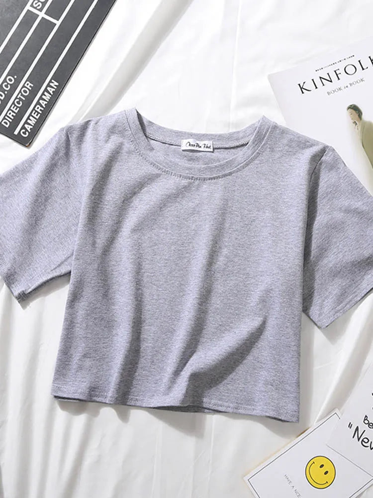 Women’s Summer Casual Cotton Short Sleeve Crop Top – Solid Color O-Neck Loose Fit T-ShirtT