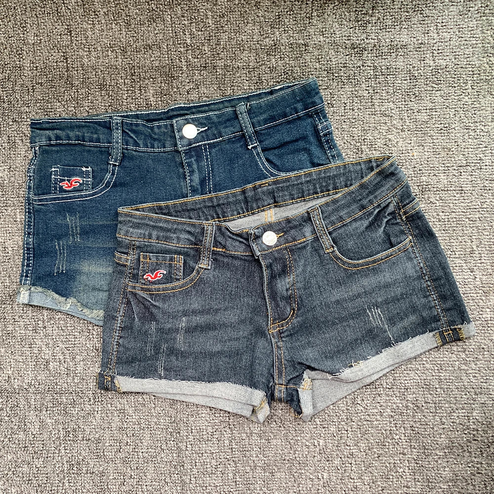 Summer Korean Style Low Waist Slim Fit Denim Shorts for Women, Y2K Elastic Hot Pants with Embroidery and Wrapped Design