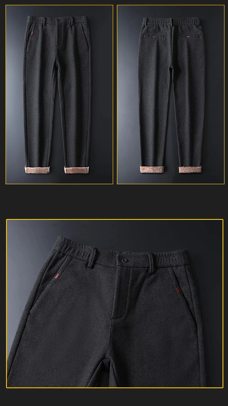 Men's Winter Fleece-Lined Slim Fit Pants – Thick Warm Straight-Leg Casual Business Trousers (Sizes 28-38)