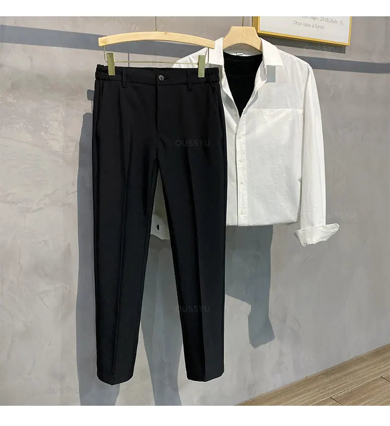 2025 Spring-Summer Men's Slim Fit Casual Business Jogger Pants with Elastic Waist, Available in Plus Sizes 40 and 42, Black