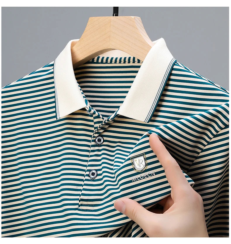 Premium Cotton Men's Summer Polo Shirt – 2024 Soft Short Sleeve Tee with Stripe Accents & Brand Badge Design