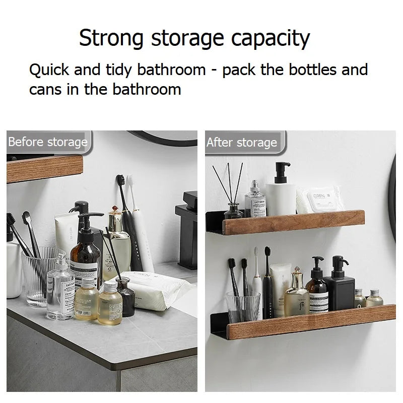 No-Drill Wall-Mounted Solid Wood Corner Bathroom Shelf — Shower Storage Rack and Toilet Shampoo Holder