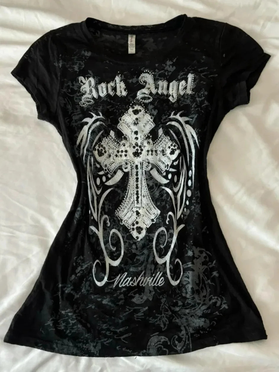 Women's Y2K Gothic Graphic T-Shirt – Slim Fit Vintage Streetwear Tee with Punk Cross Print, Harajuku Grunge Style, Short Sleeve O-Neck Top