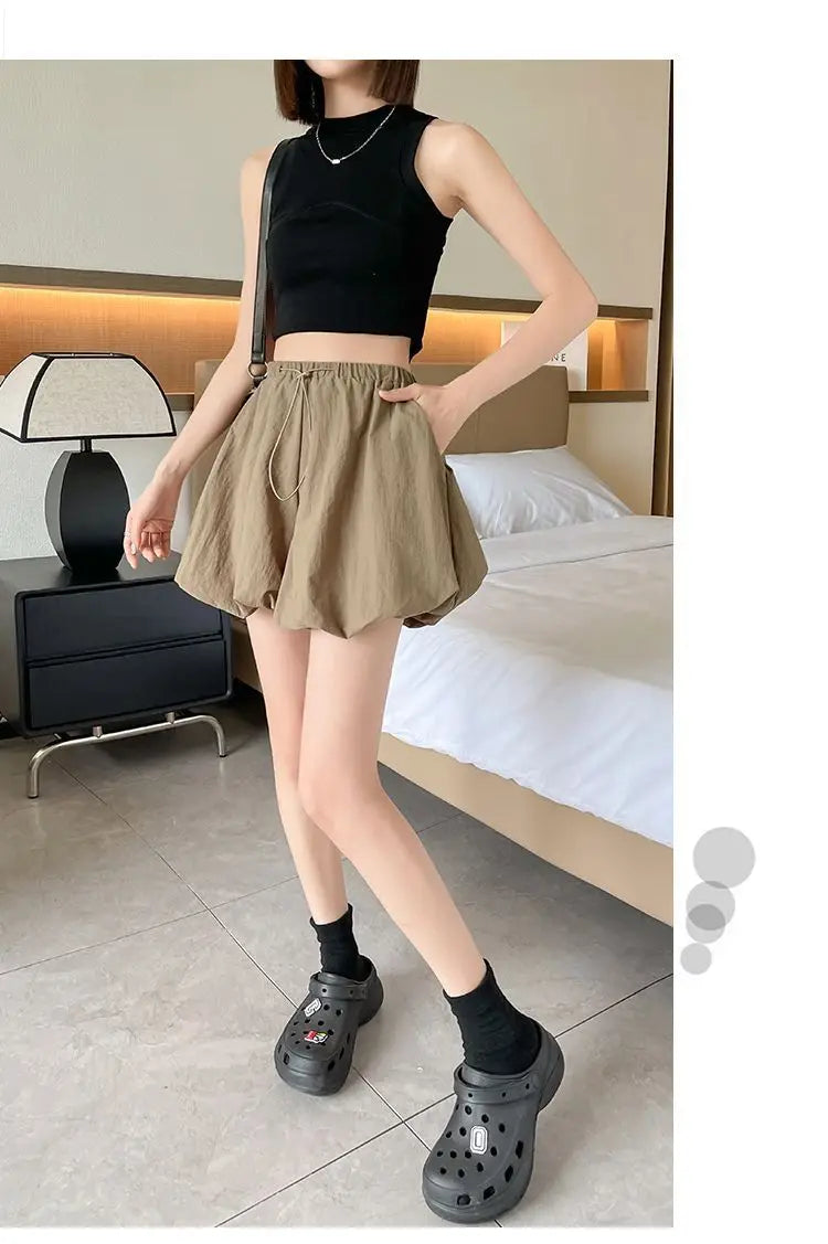 Women's High-Waist Lantern Shorts – Casual Summer Streetwear with Pockets, Relaxed Fit for Students, Youth, and Everyday Wear