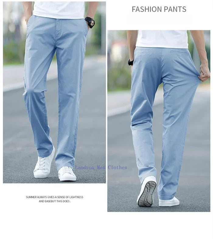 Men's Summer Lightweight Stretch Chino Pants – Loose Fit Cotton Trousers in Khaki, Blue, and Black – Plus Sizes 42 & 44