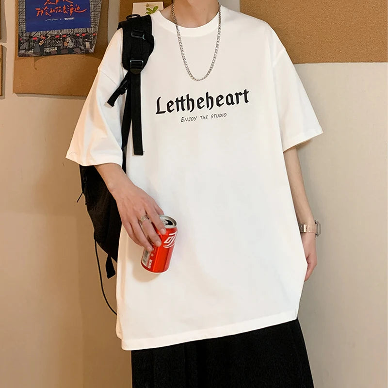 Men's Oversized Streetwear T-Shirt – Harajuku Style Graphic Tee with Gothic Letter Print – Vintage Hip Hop Punk Look for Summer – Casual Loose Fit in Blue 