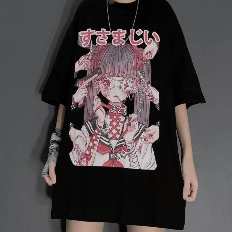 Women's Gothic Harajuku Loose T-Shirt – Aesthetic Dark Grunge Y2K Streetwear Top