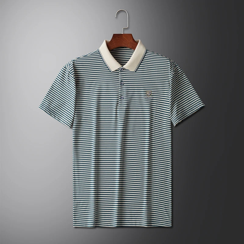Premium Cotton Men's Summer Polo Shirt – 2024 Soft Short Sleeve Tee with Stripe Accents & Brand Badge Design