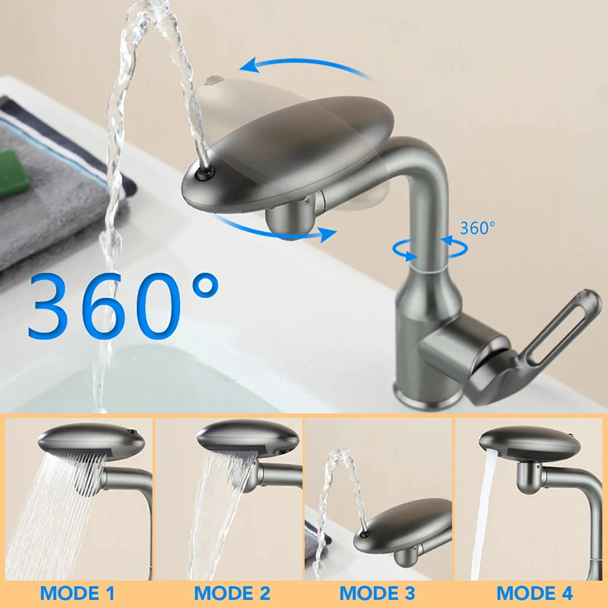 Multi-Functional Waterfall Basin Faucet with 4 Spray Modes, 360° Rotating Hot & Cold Sink Mixer Tap for Bathroom Use