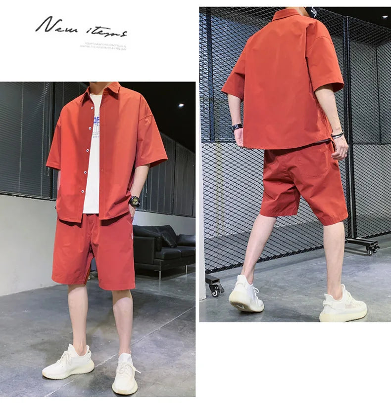 2025 Trendy Korean-Style Men's Summer Outfit – Casual Two-Piece Set Featuring Short Sleeve Shirt & Matching Shorts, Stylish High Street Look for Daily & Streetwear Fashion