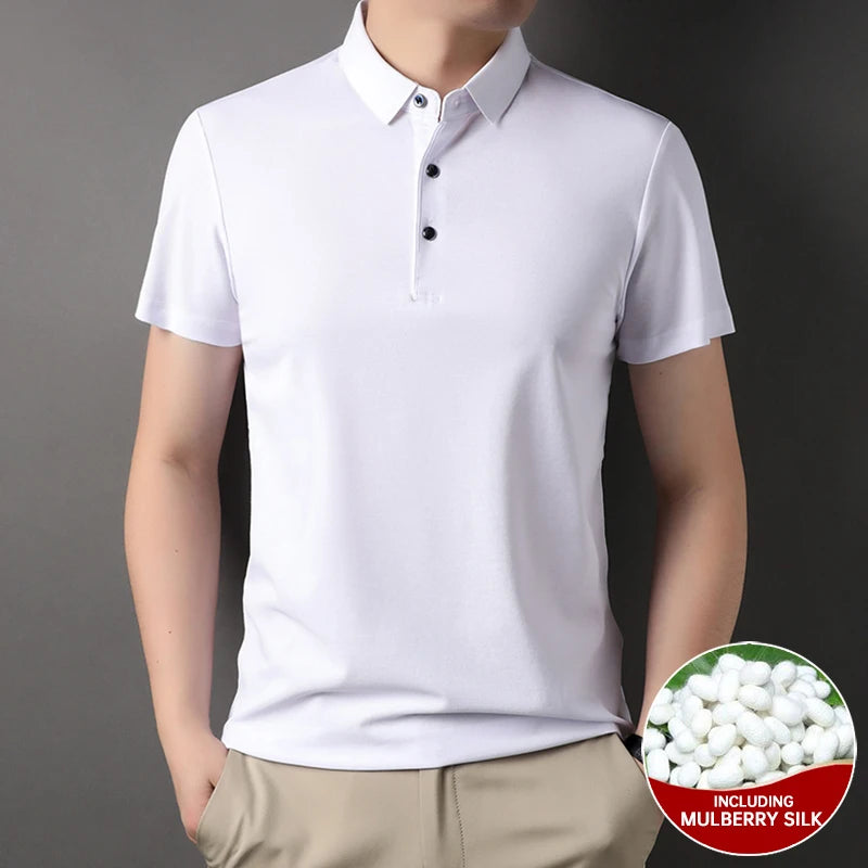 Premium Men's Polo Shirt – Luxury Summer Short Sleeve Casual Top Made with 4.7% Mulberry Silk – Plain Design, Elegant and Stylish 