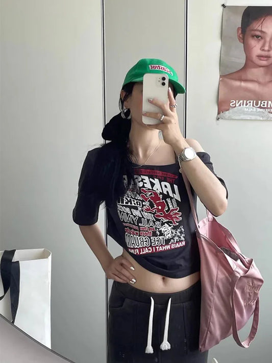 Y2K Off-Shoulder Gothic Crop Tee – Women's Letter Print Punk Streetwear Top, Grunge Aesthetic Harajuku Summer T-Shirt