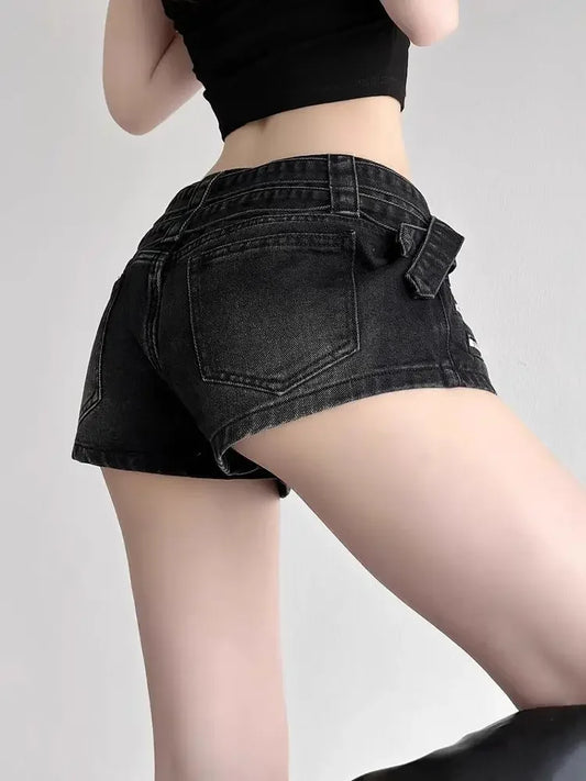 Women's Y2K Gothic Low-Rise Denim Mini Shorts – Retro 90s Punk Streetwear with Zipper Detail