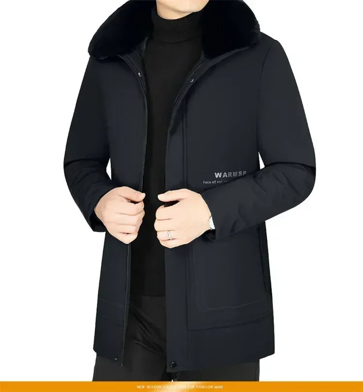 Men’s Solid Winter Parka with Fur Hood – Loose, Waterproof Fleece-Lined Vintage Streetwear Jacket