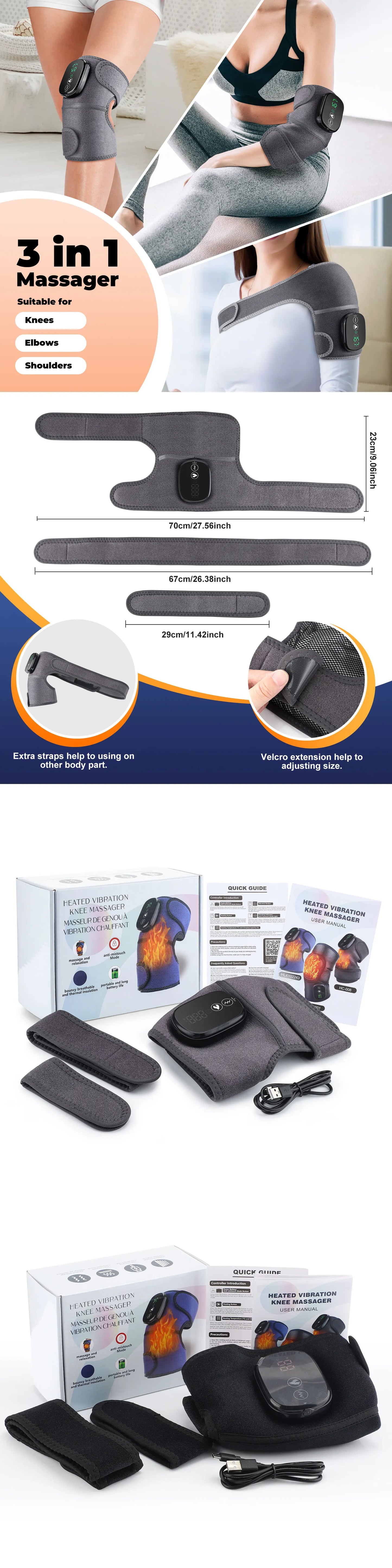 3-in-1 Electric Heated Knee Massager Pad with Vibration – Hot Compress for Shoulder, Elbow & Joint Muscle Relief