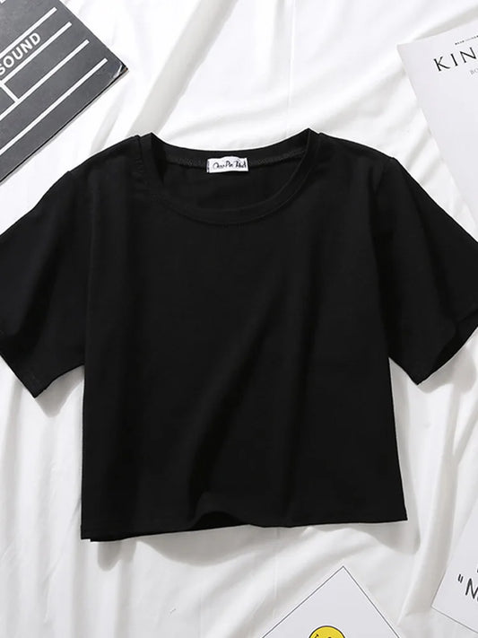 Women’s Summer Casual Cotton Short Sleeve Crop Top – Solid Color O-Neck Loose Fit T-ShirtT