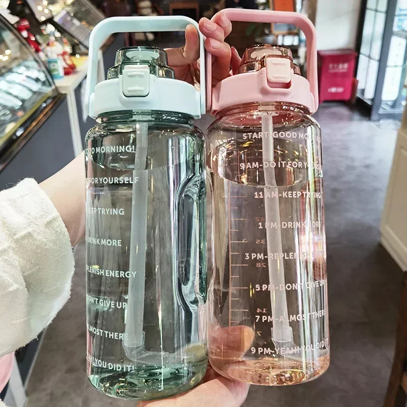 2L Large Capacity Sports Water Bottle with Straw – Time Marker Leakproof Plastic Cup for Fitness & Outdoor Use
