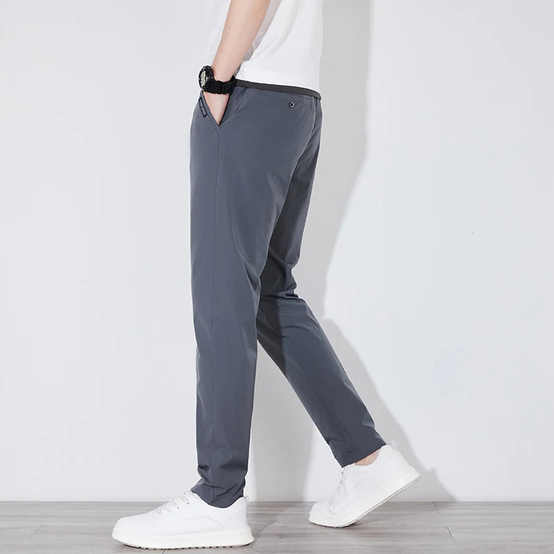Men's Summer Silk-Feel Stretch Trousers – Lightweight Classic Business Casual Pants with Elastic Waist – Korean Style Smooth Suit Pants in Black or Gray