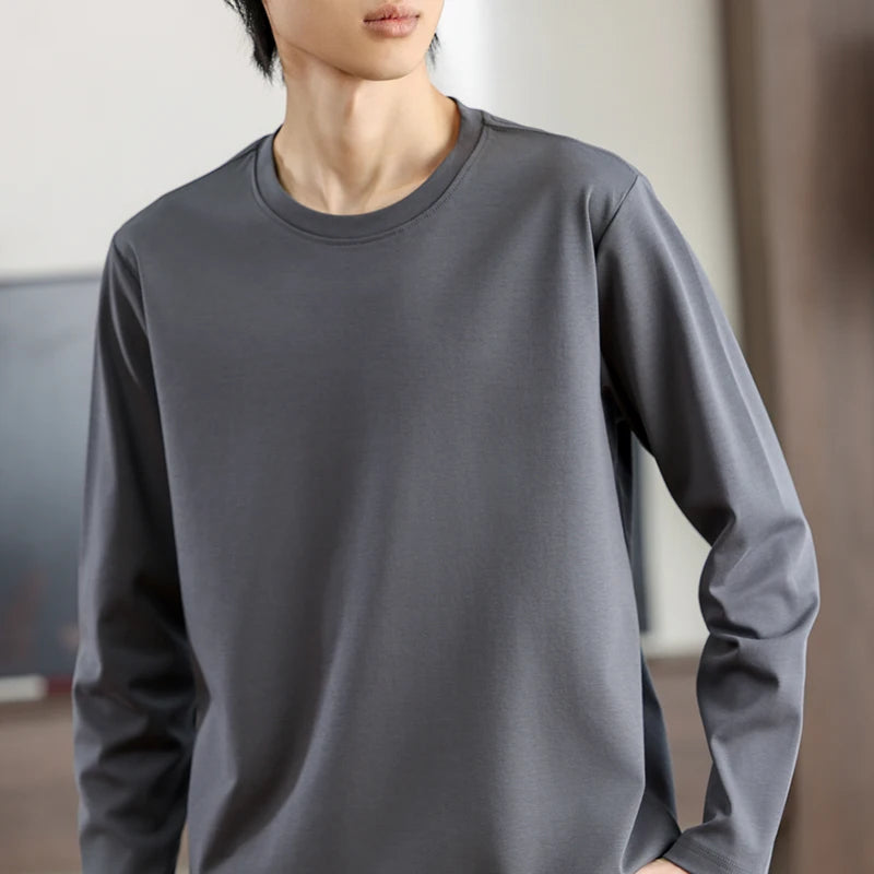 Men's Summer Long Sleeve T-shirt – Solid Color, Round Neck, Casual Style, Made from Mercerized Cotton