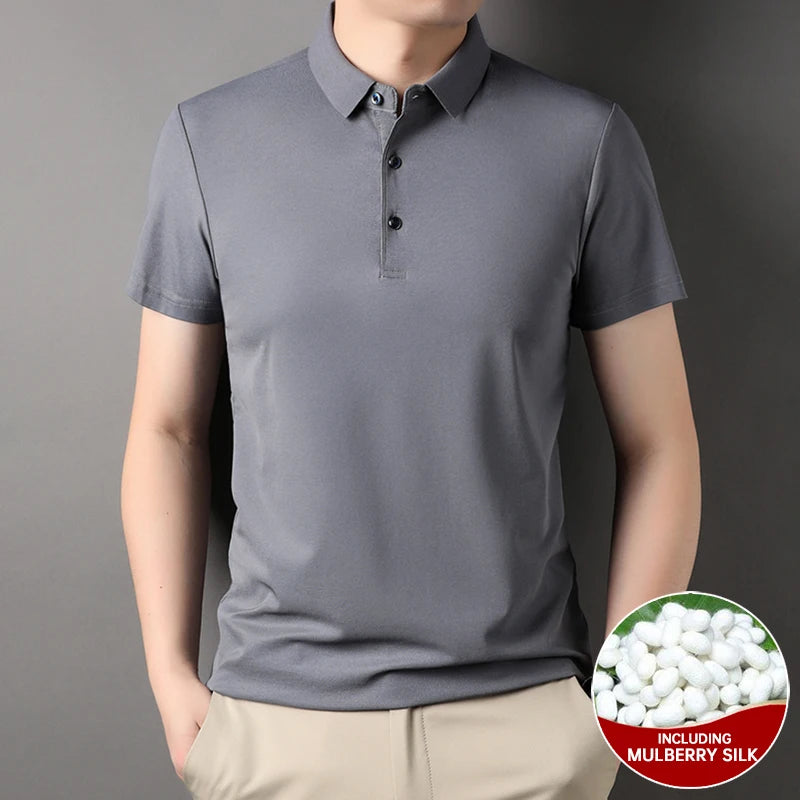 Luxury Summer Men’s Polo Shirt – Premium Plain Design with 4.7% Mulberry Silk, Short Sleeve, Lightweight Casual Fashion Top
