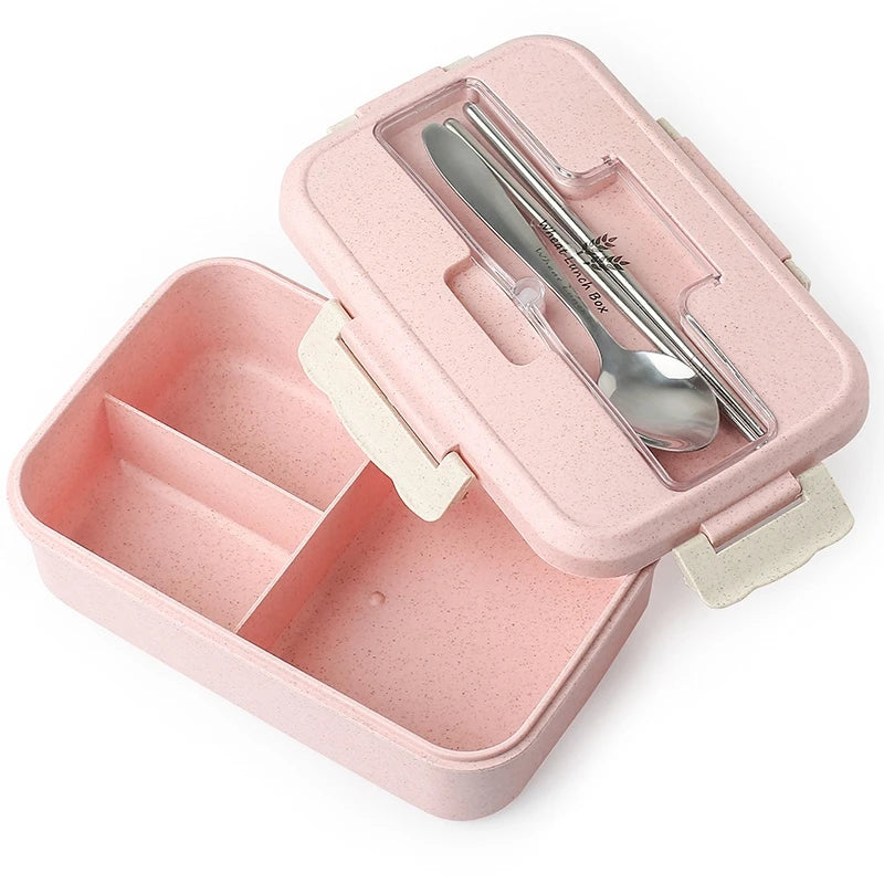 Microwaveable Bento Lunch Box with Spoon & Chopsticks – Wheat Straw Food Container for Kids, School & Office
