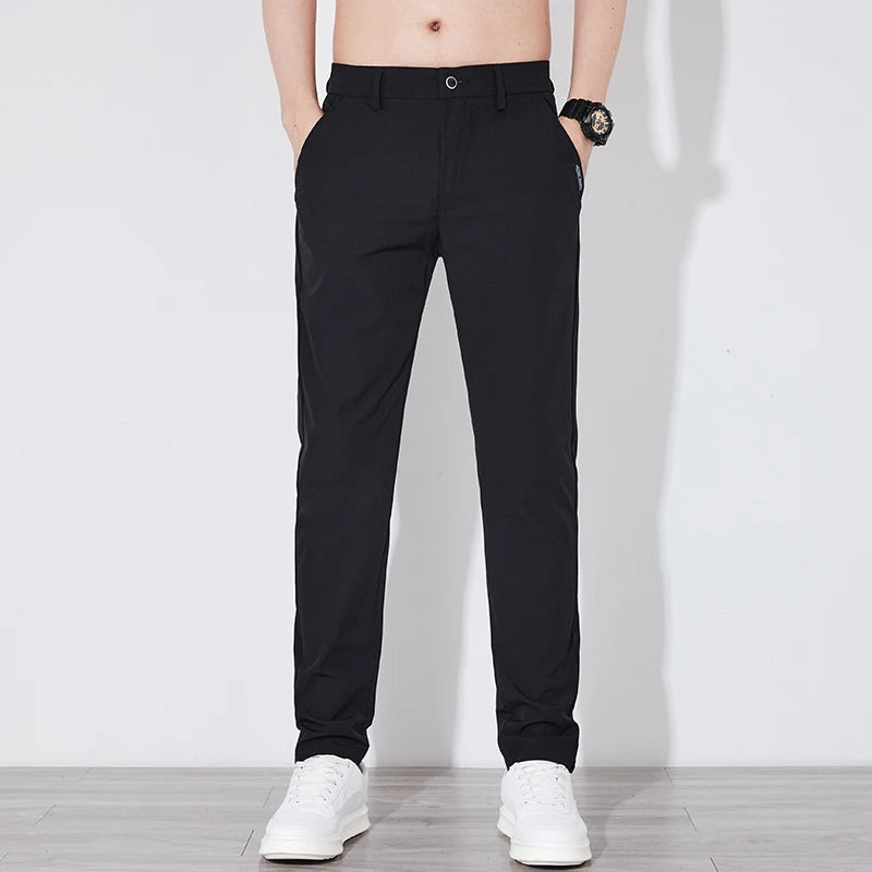 Men's Summer Silk-Feel Stretch Trousers – Lightweight Classic Business Casual Pants with Elastic Waist – Korean Style Smooth Suit Pants in Black or Gray