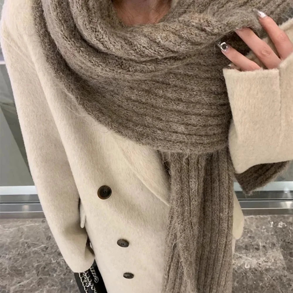 High-End Korean Style Thick Knit Scarf for Women – Warm Woolen Solid Color Winter & Autumn Wrap