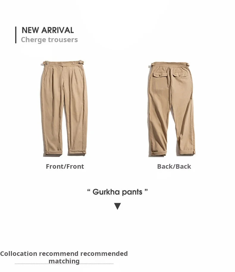 Classic Vintage Khaki Gurkha Pants for Men – Adjustable High Waist Casual Cargo Trousers for Spring and Fall