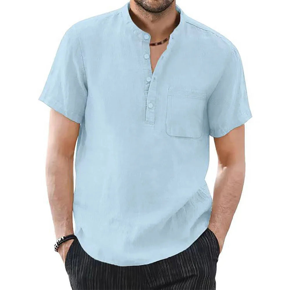 Men’s Casual Short Sleeve Cotton-Linen T-Shirt – Solid Color, Breathable and Comfortable Summer Shirt