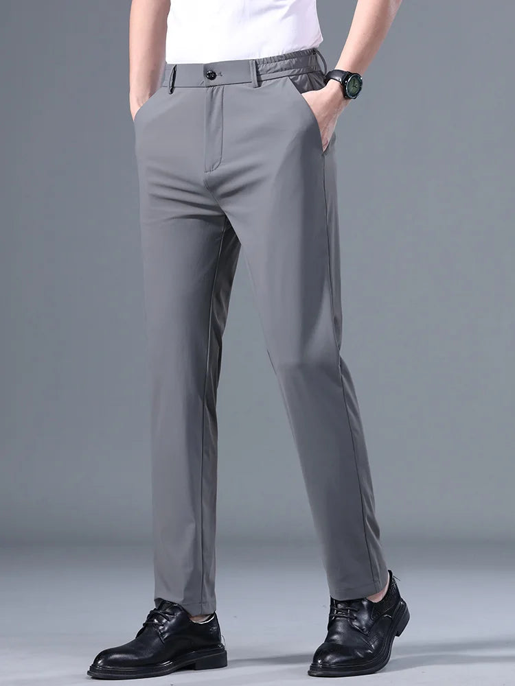 Men's Summer Classic Stretch Suit Trousers – Lightweight Business Casual Pants with Elastic Waist in Black, Gray, or Blue