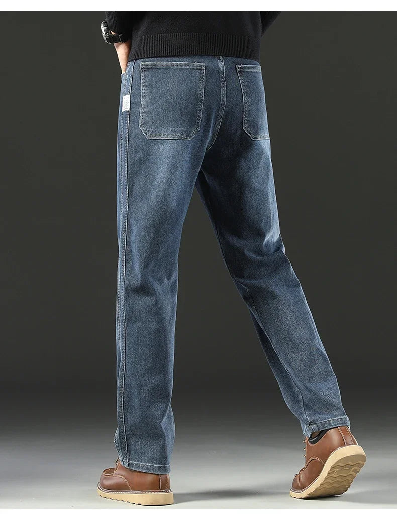 2025 Spring Men's High-Waist Spliced Washed Denim Jeans – Loose Straight Fit Stretch Cotton Blend Casual Brand Trousers 