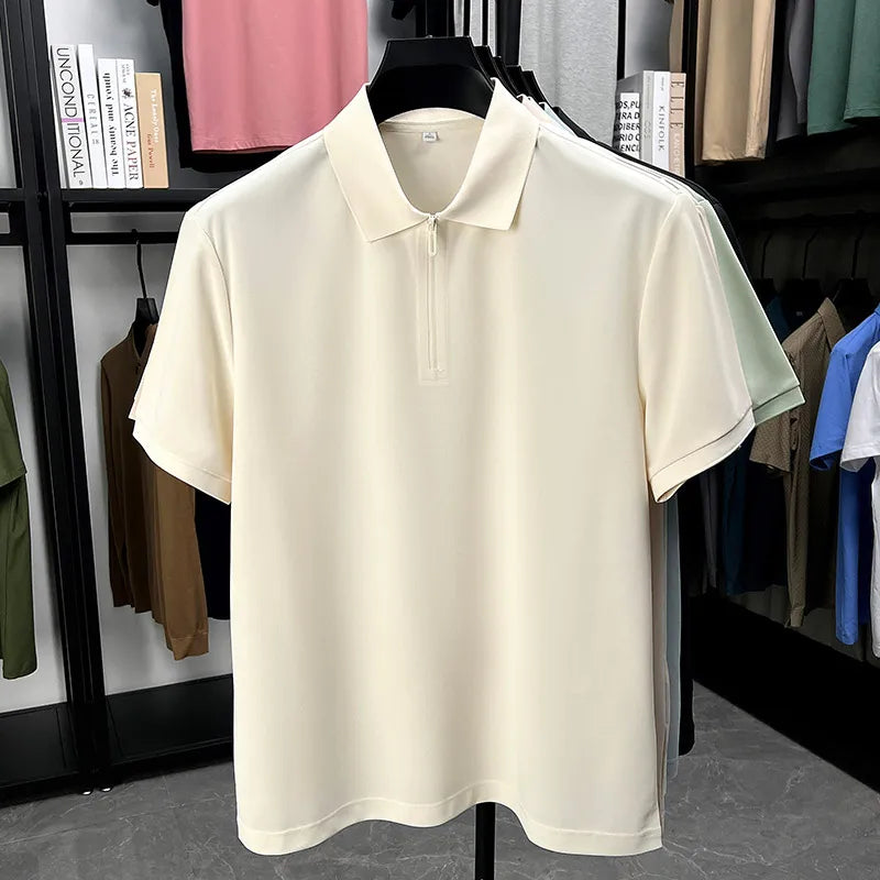 Men’s Slim Fit Half-Zip Polo Shirt – Light Beige Stretch Cotton Casual Top with Classic Collar