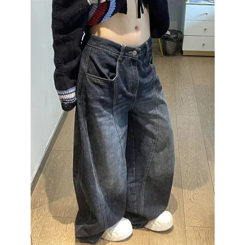 Women’s Black High-Waist Vintage Jeans – Hip Hop Straight Baggy Wide-Leg Denim Pants in Y2K American Street Style