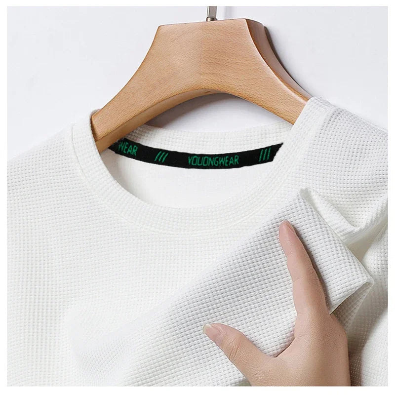 Men’s Summer Casual Waffle O-Neck Short Sleeve T-Shirt – Breathable Solid Color Fashion Tee