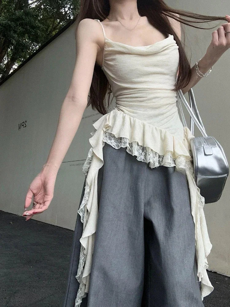 Y2K Aesthetic Lace Patchwork Ruffle Tank Top for Women – Harajuku Streetwear Irregular Pleated Bodycon Camisole